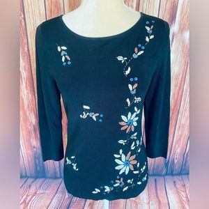 Women’s Small Blouse Lucia Burns Black Floral Embroidery Bead Sequin 3/4 Sleeve